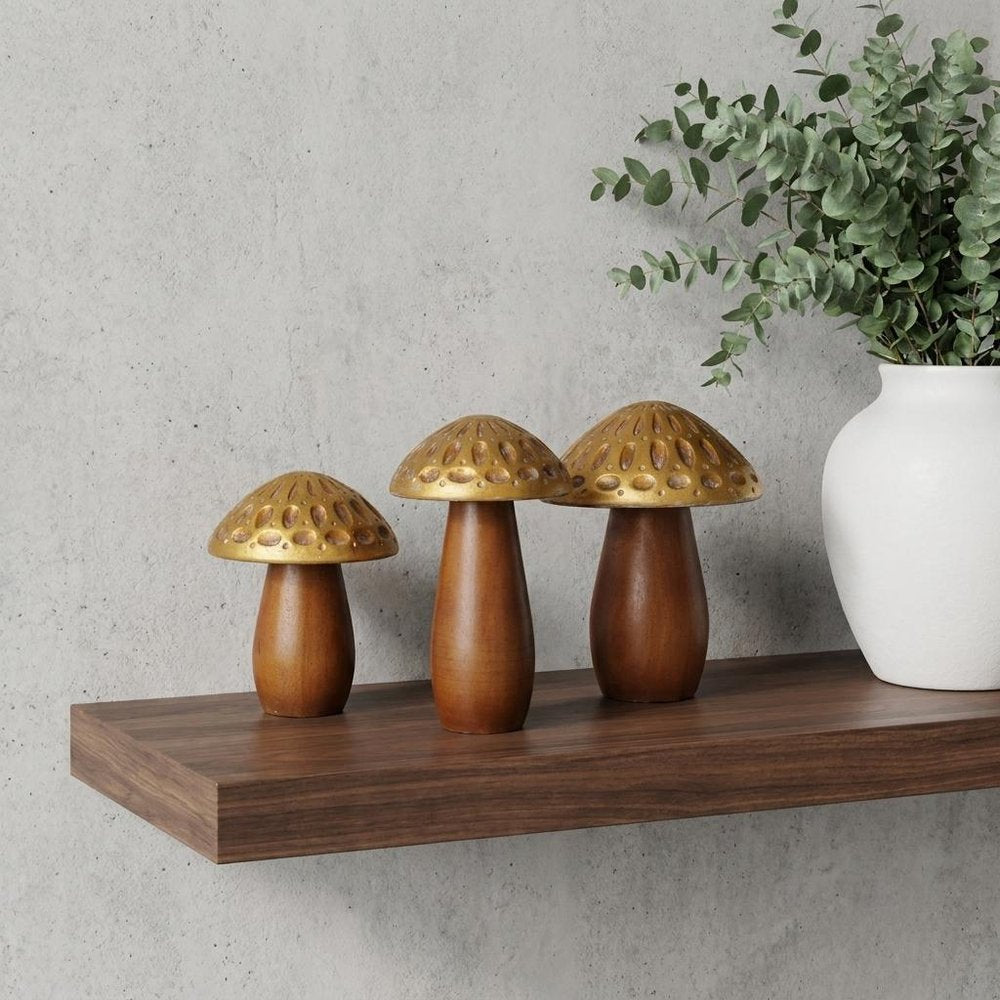 Set of Three Brown And Gold Wood Mushroom Tabletop Sculptures