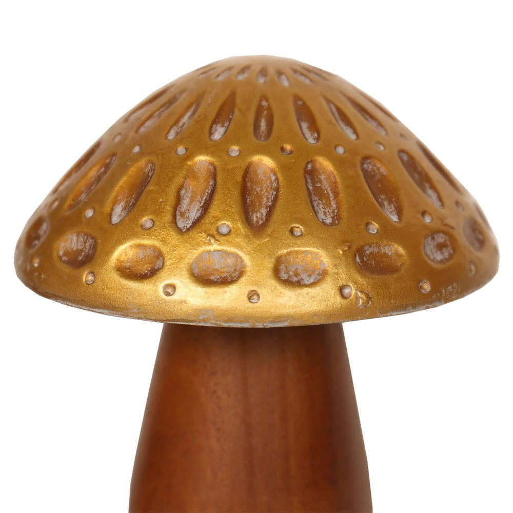 Set of Three Brown And Gold Wood Mushroom Tabletop Sculptures on a white background