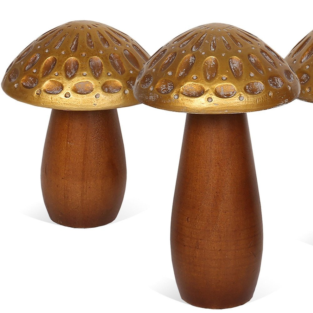 Set of Three Brown And Gold Wood Mushroom Tabletop Sculptures on a white background