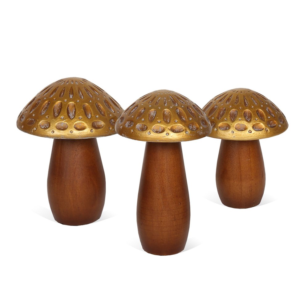 Set of Three Brown And Gold Wood Mushroom Tabletop Sculptures on a white background