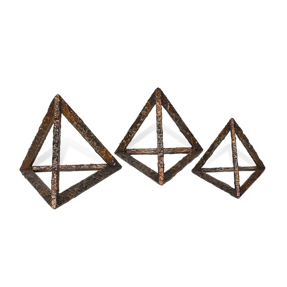 Set of Three Bronze Metal Pyramid Tabletop Sculptures on a white background