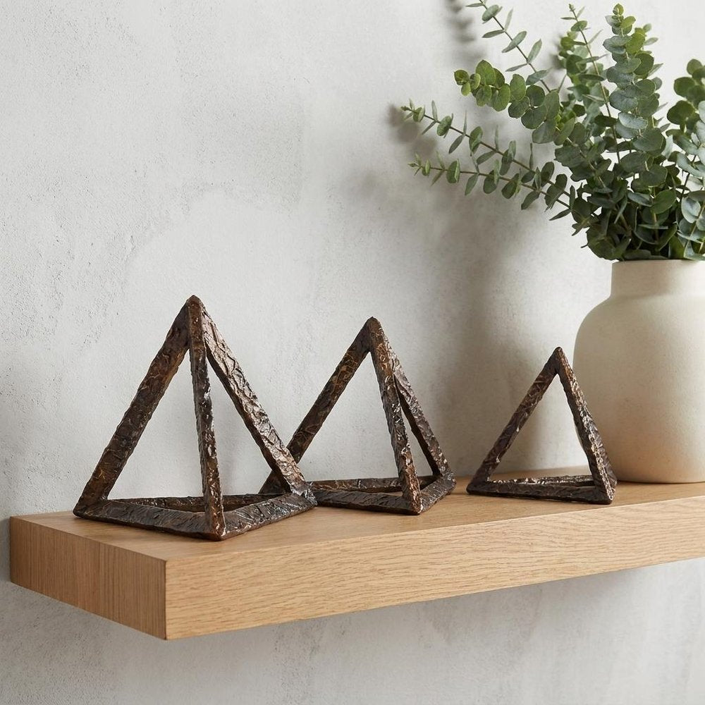 Set of Three Bronze Metal Pyramid Tabletop Sculptures