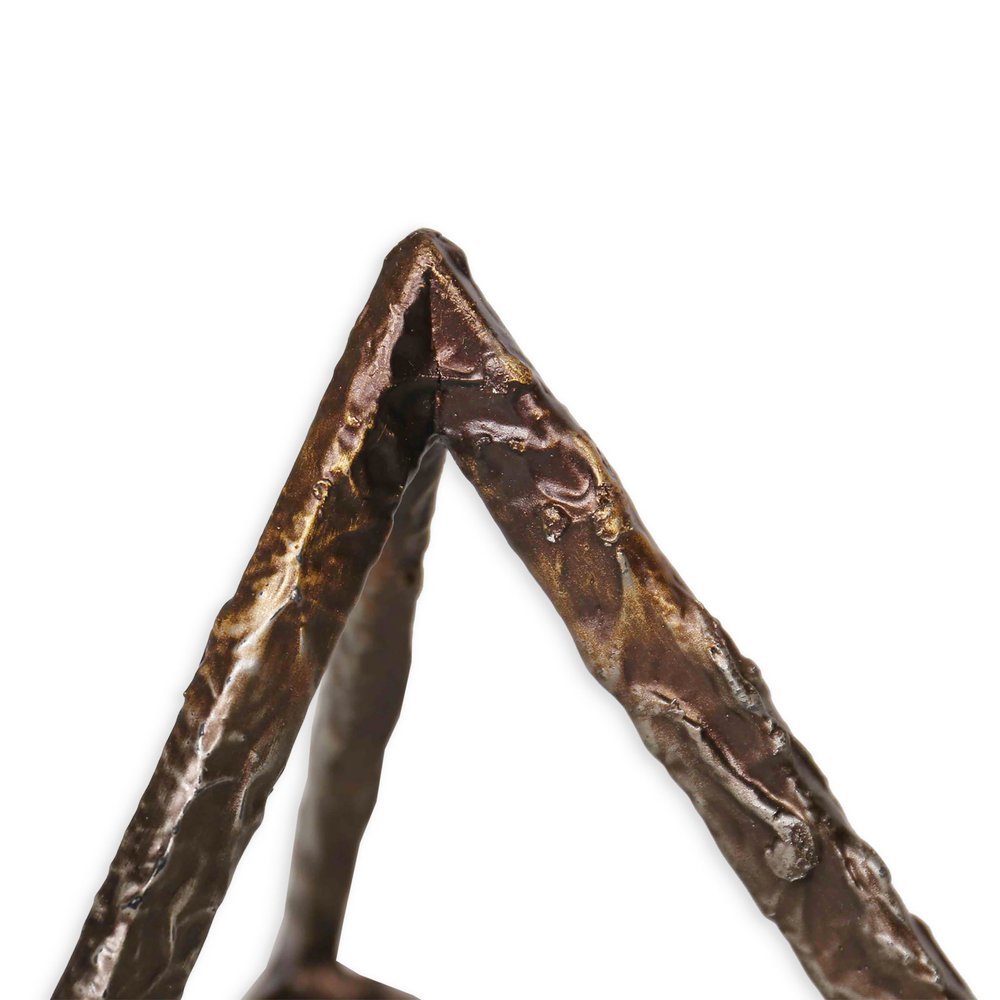 Set of Three Bronze Metal Pyramid Tabletop Sculptures on a white background