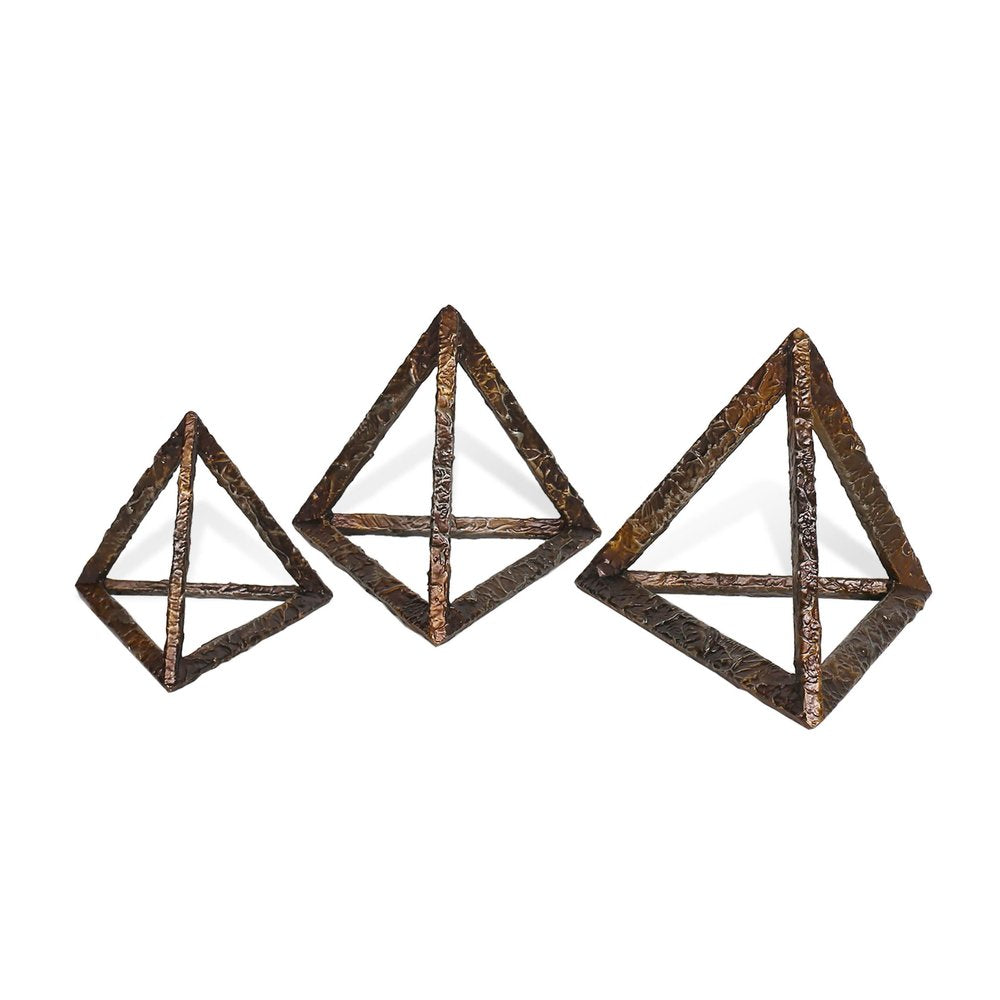 Set of Three Bronze Metal Pyramid Tabletop Sculptures on a white background