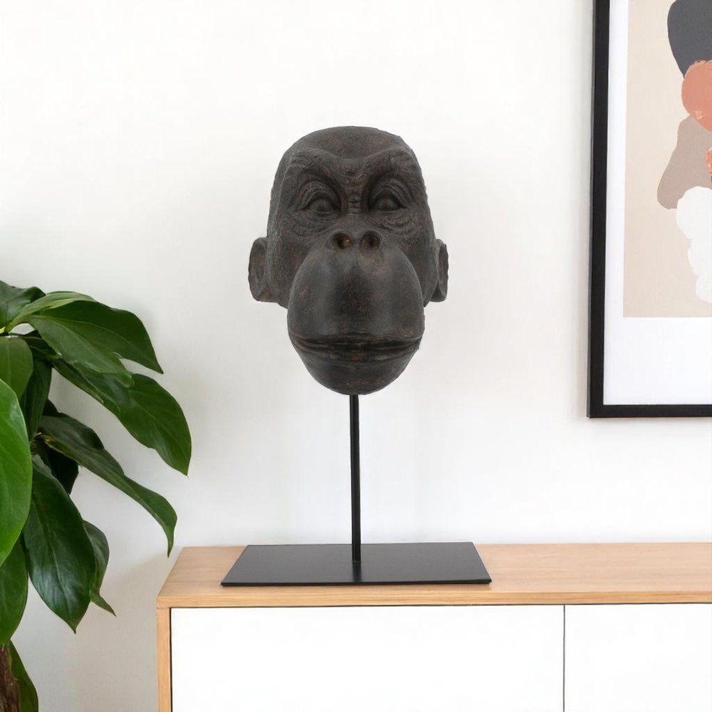 16" Brown Resin Gorilla Face Tabletop Sculpture. Sculpture isolated on a plain white background, showing a resin surface.