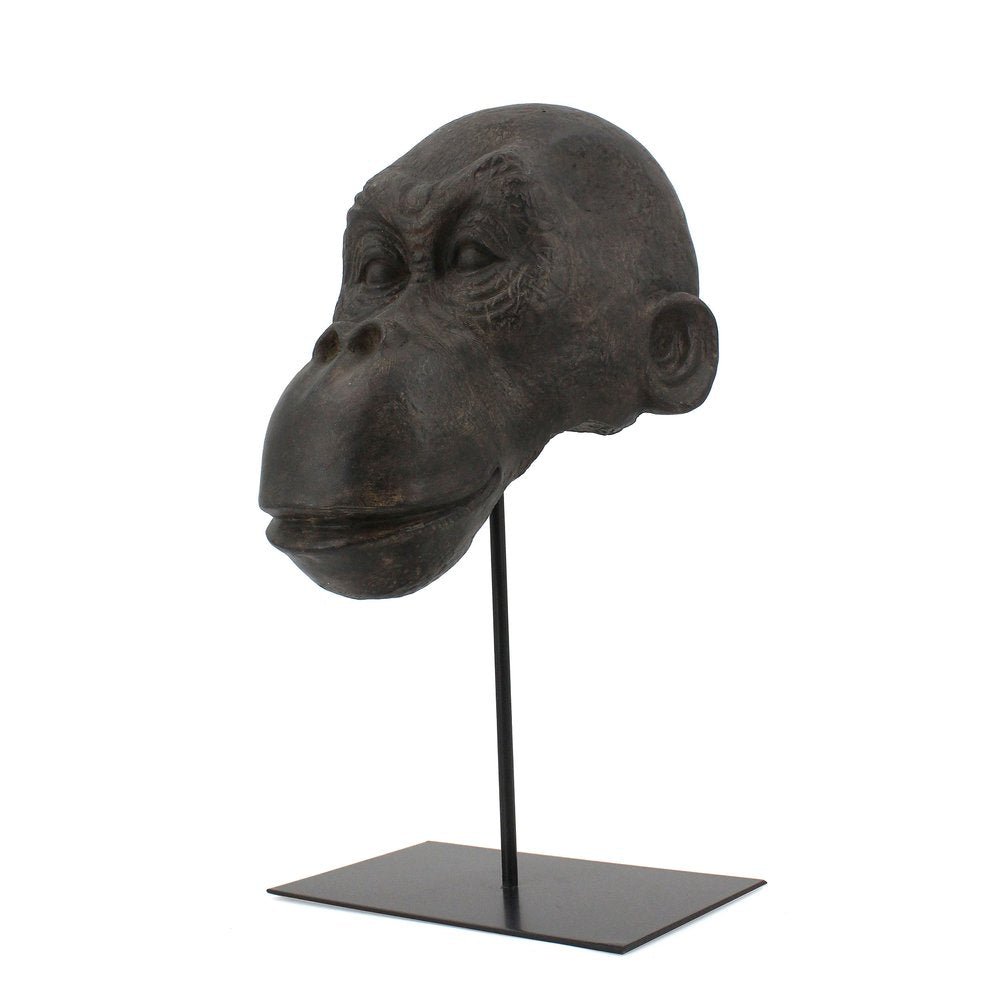 16" Brown Resin Gorilla Face Tabletop Sculpture. Sculpture isolated on a plain white background, showing a resin surface.