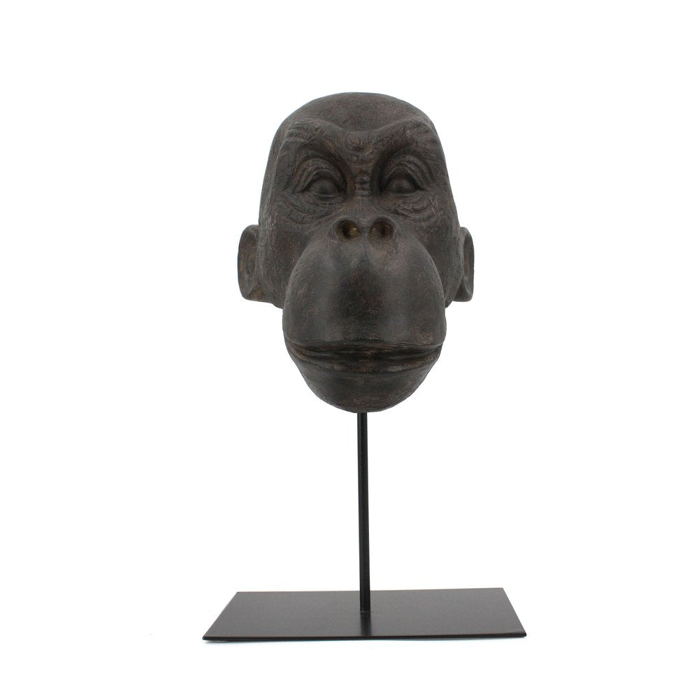 16" Brown Resin Gorilla Face Tabletop Sculpture. Sculpture isolated on a plain white background, showing a resin surface.