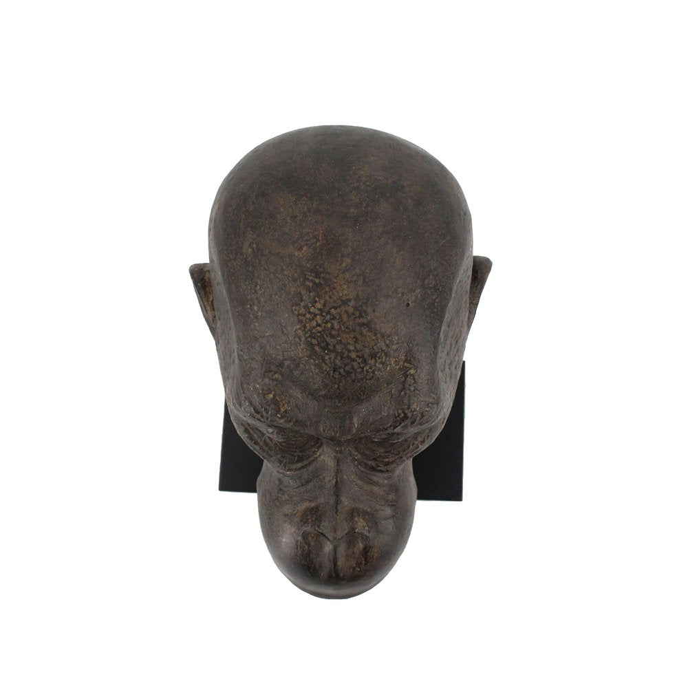 16" Brown Resin Gorilla Face Tabletop Sculpture. Sculpture isolated on a plain white background, in a brown resin finish.