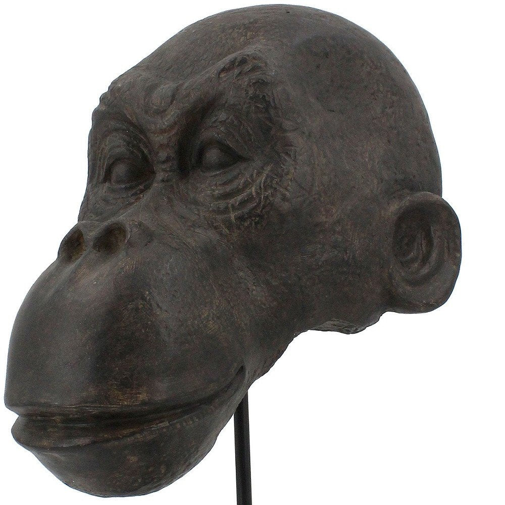 16" Brown Resin Gorilla Face Tabletop Sculpture. Sculpture isolated on a plain white background, showing a resin surface.