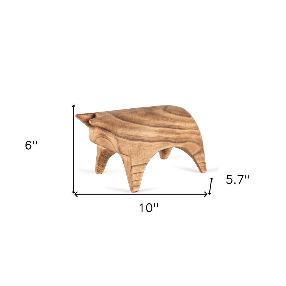 6" Brown Solid Wood Bull Tabletop Sculpture. Sculpture isolated on a plain white background, finished in brown wood.