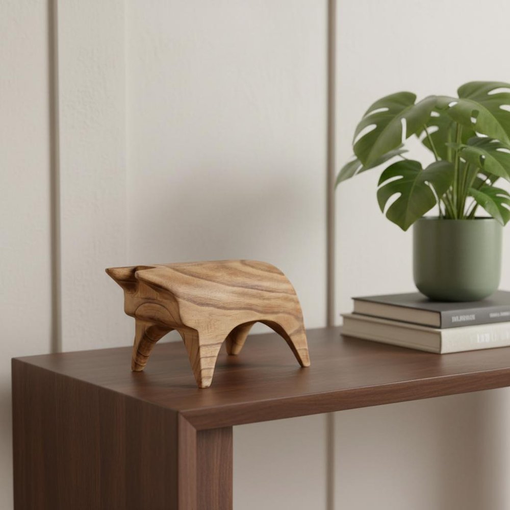 6" Brown Solid Wood Bull Tabletop Sculpture displayed on a dark wood tabletop in a furnished interior against an off-white wall.