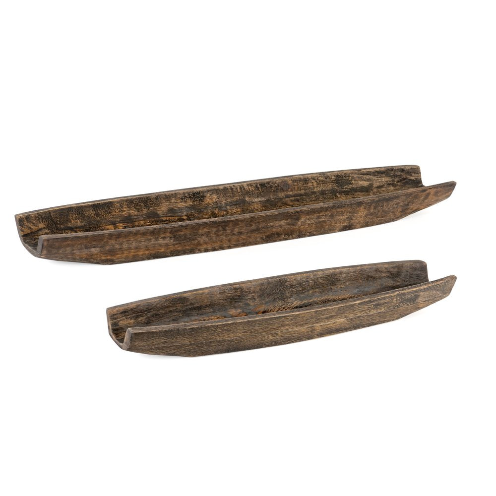 Set of Two Dark Brown Solid Wood Boat Vanity Trays on a white background