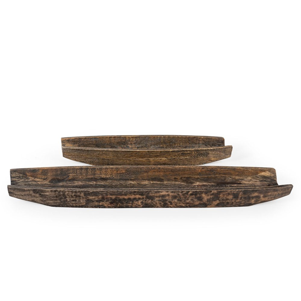 Set of Two Dark Brown Solid Wood Boat Vanity Trays