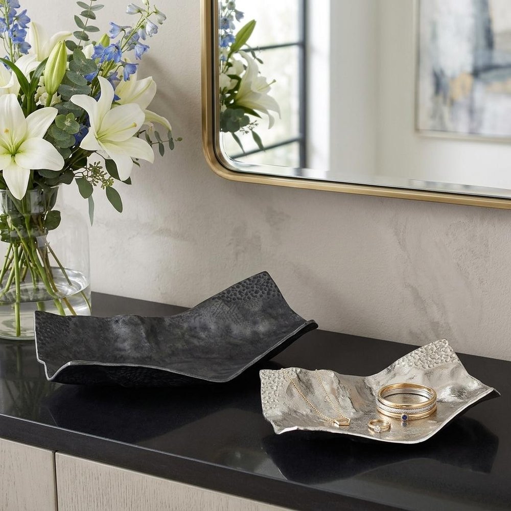 Set of Two Black And Silver Aluminum Abstract Vanity Trays