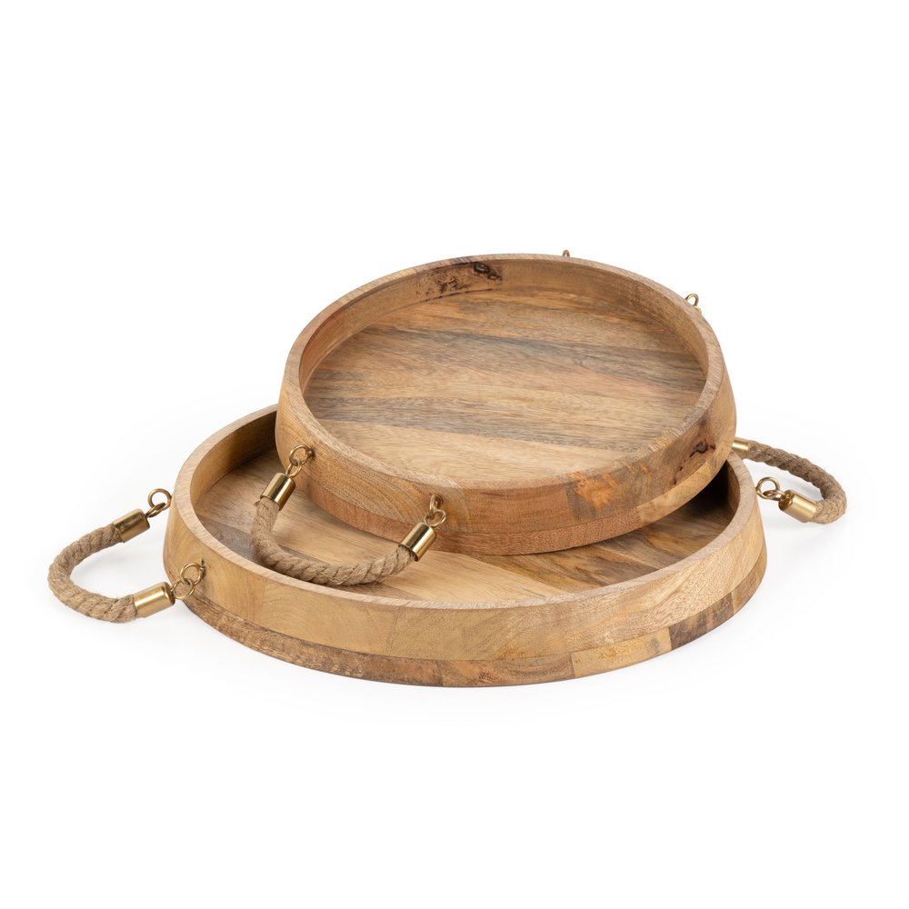 Set of Two Brown Round Solid Wood Serving Trays With Handles on a white background