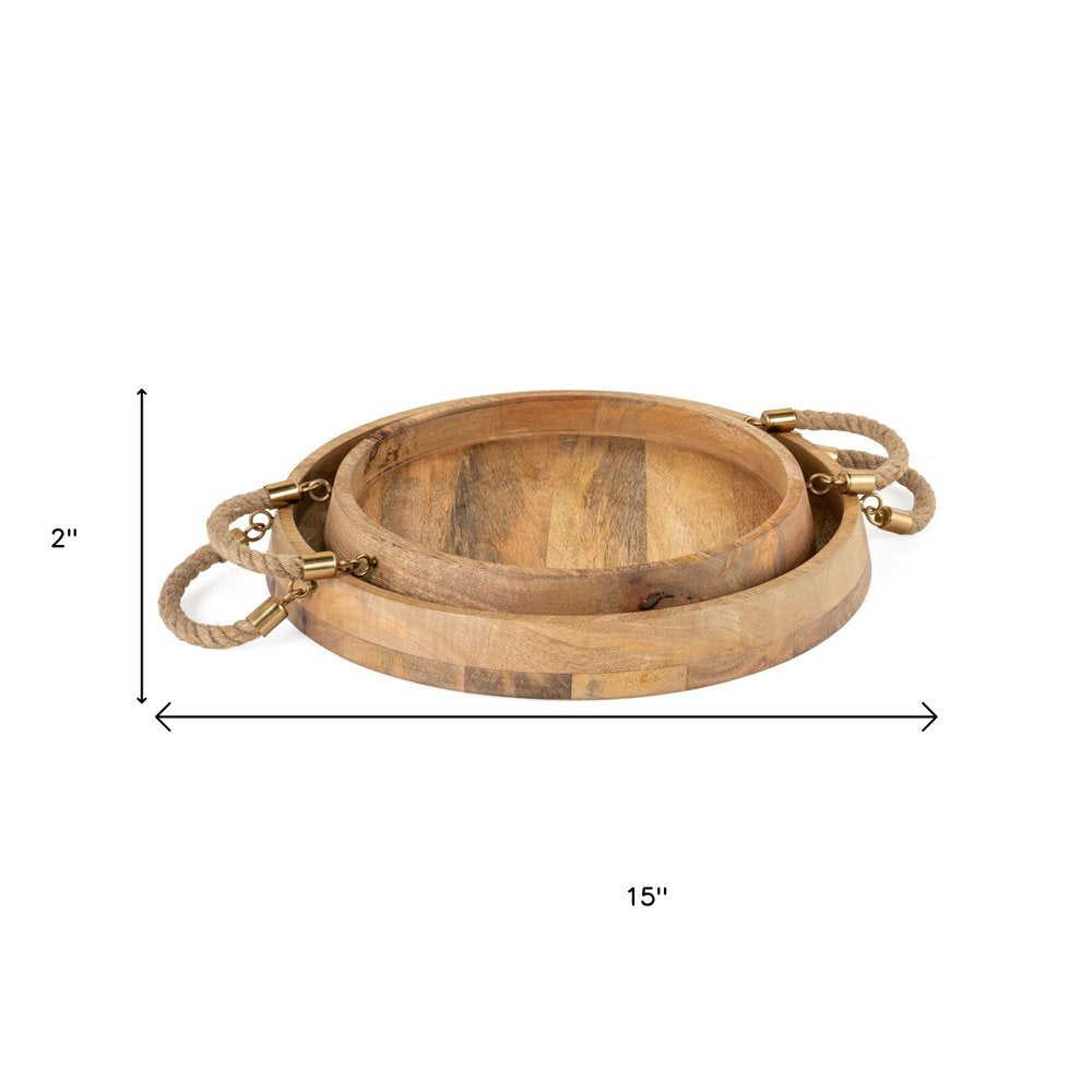 Set of Two Brown Round Solid Wood Serving Trays With Handles on a white background