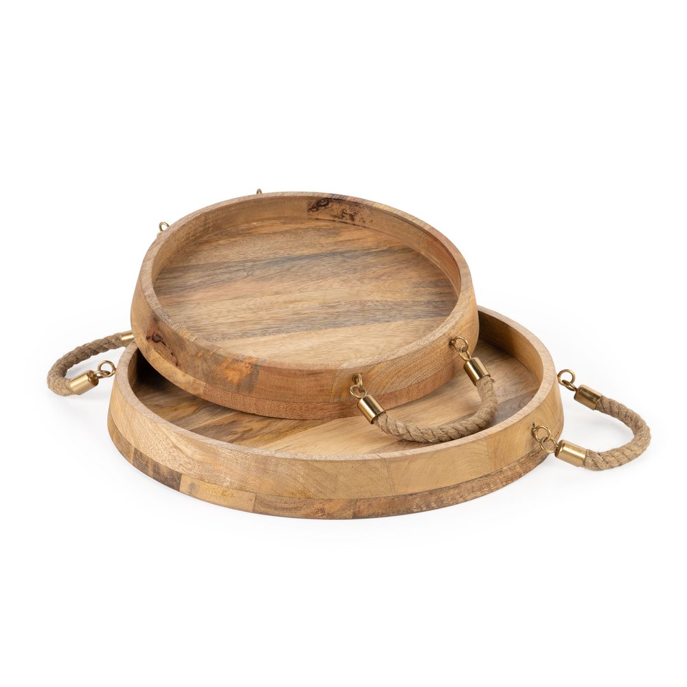 Two round solid wood serving trays in brown with rope handles and gold accents on a white background.