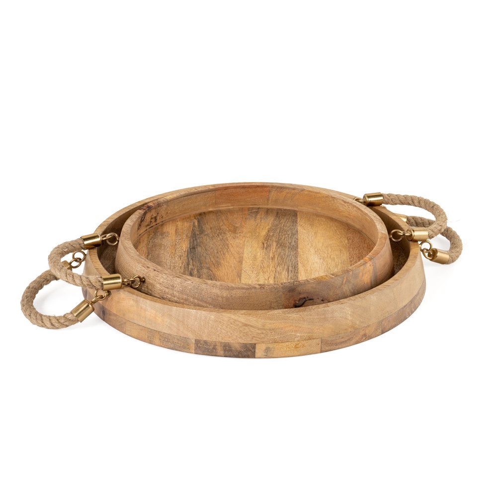 Set of Two Brown Round Solid Wood Serving Trays With Handles on a white background
