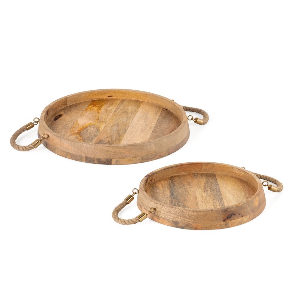 Set of Two Brown Round Solid Wood Serving Trays With Handles on a white background