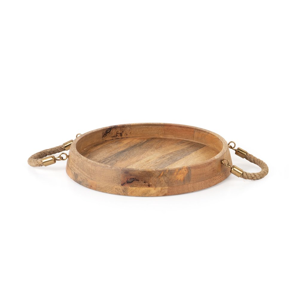Set of Two Brown Round Solid Wood Serving Trays With Handles on a white background