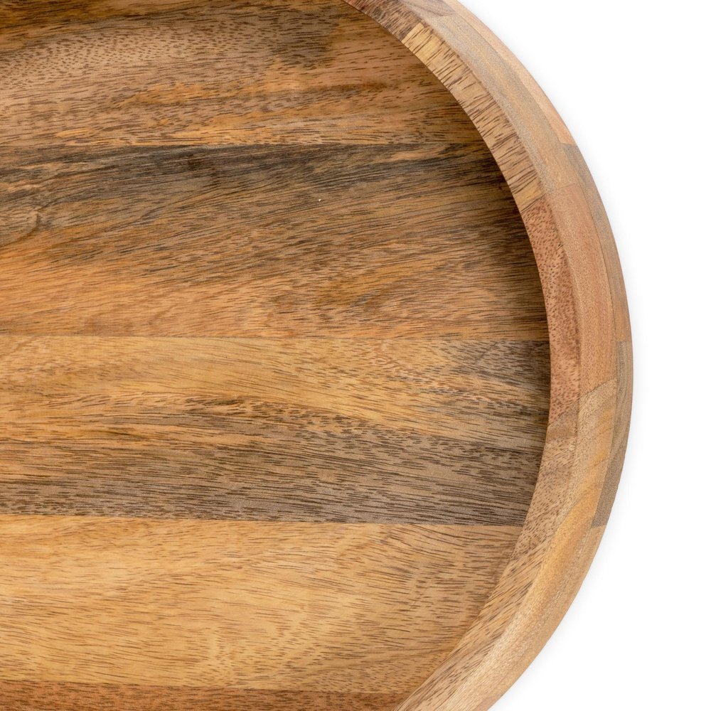 Set of Two Brown Round Solid Wood Serving Trays With Handles