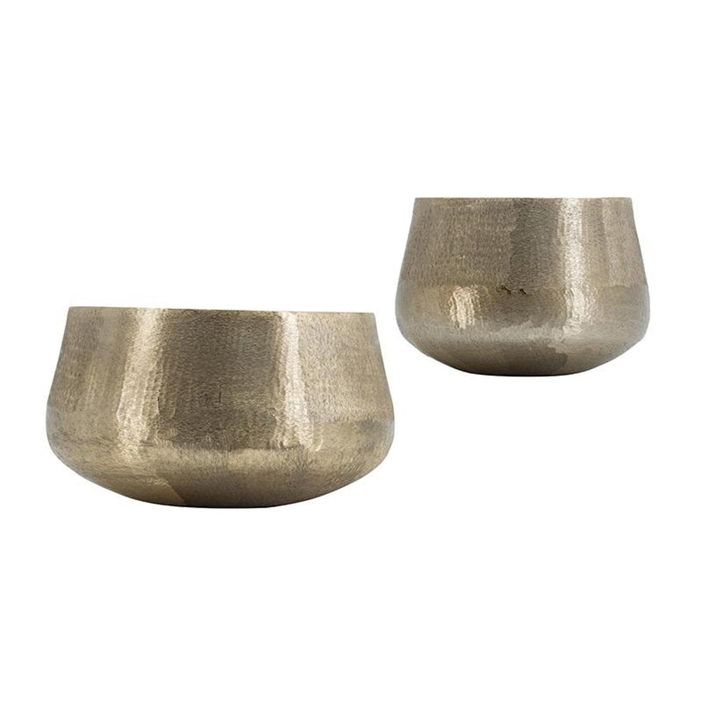 Set of Two Gold Aluminum Round Table Vases on a white background
