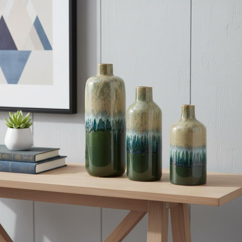 Set of Three Beige Blue And Green Round Ceramic Table Vase in a home interior