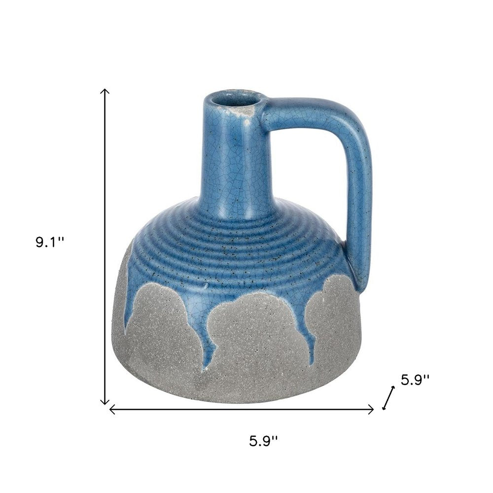 9" Blue And Gray Ceramic Urn Jug Vase on a white background