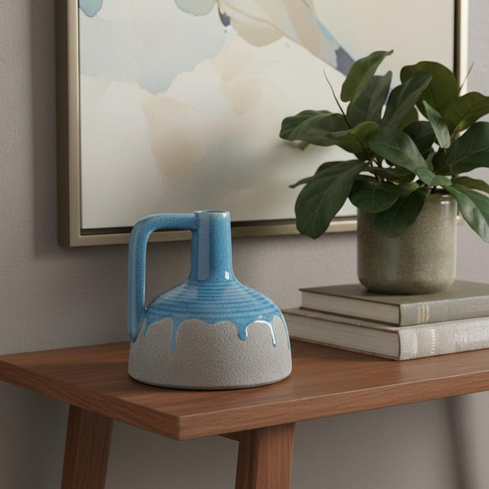 9" Blue And Gray Ceramic Urn Jug Vase in a home interior