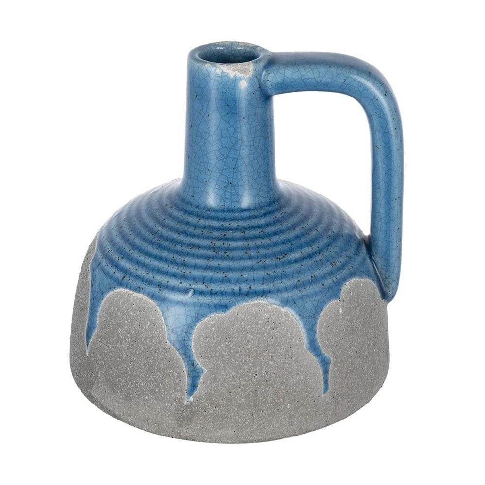 Blue and gray ceramic urn jug vase with a handle, featuring a textured gray base and a glazed blue top with a crackled finish.