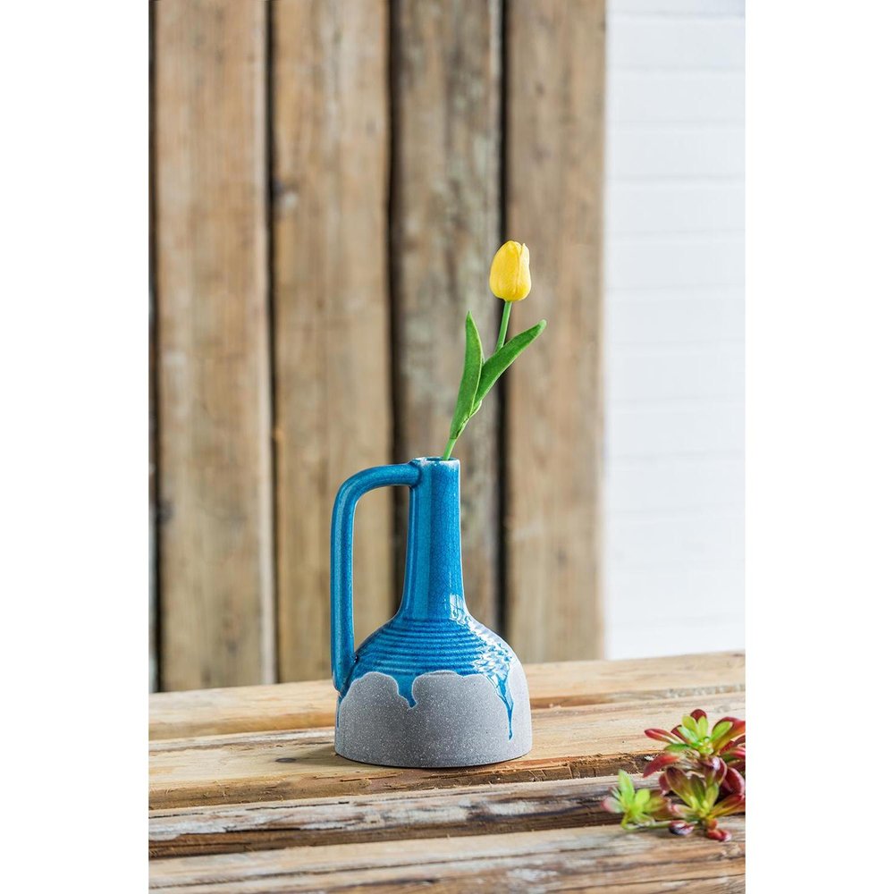9" Blue And Gray Ceramic Urn Jug Vase on a white background
