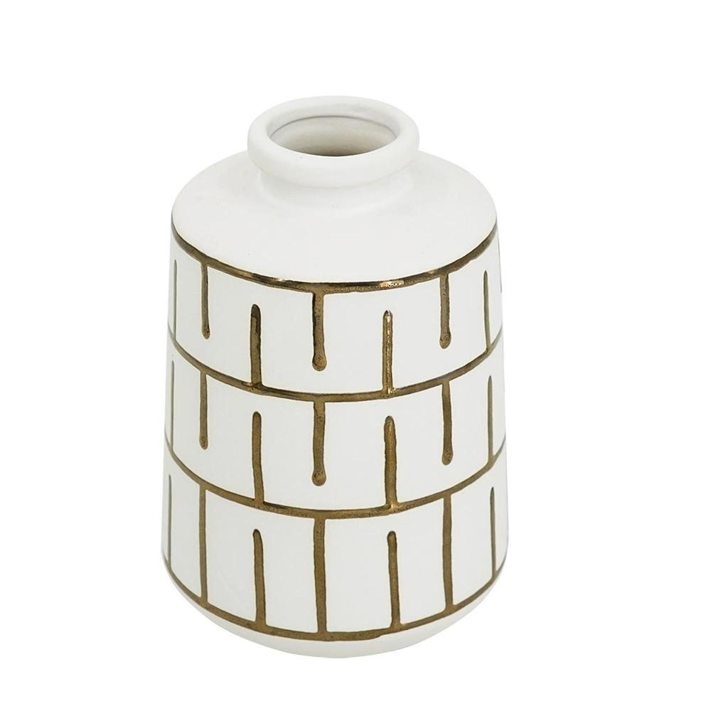 White ceramic vase with gold geometric pattern and a white background.