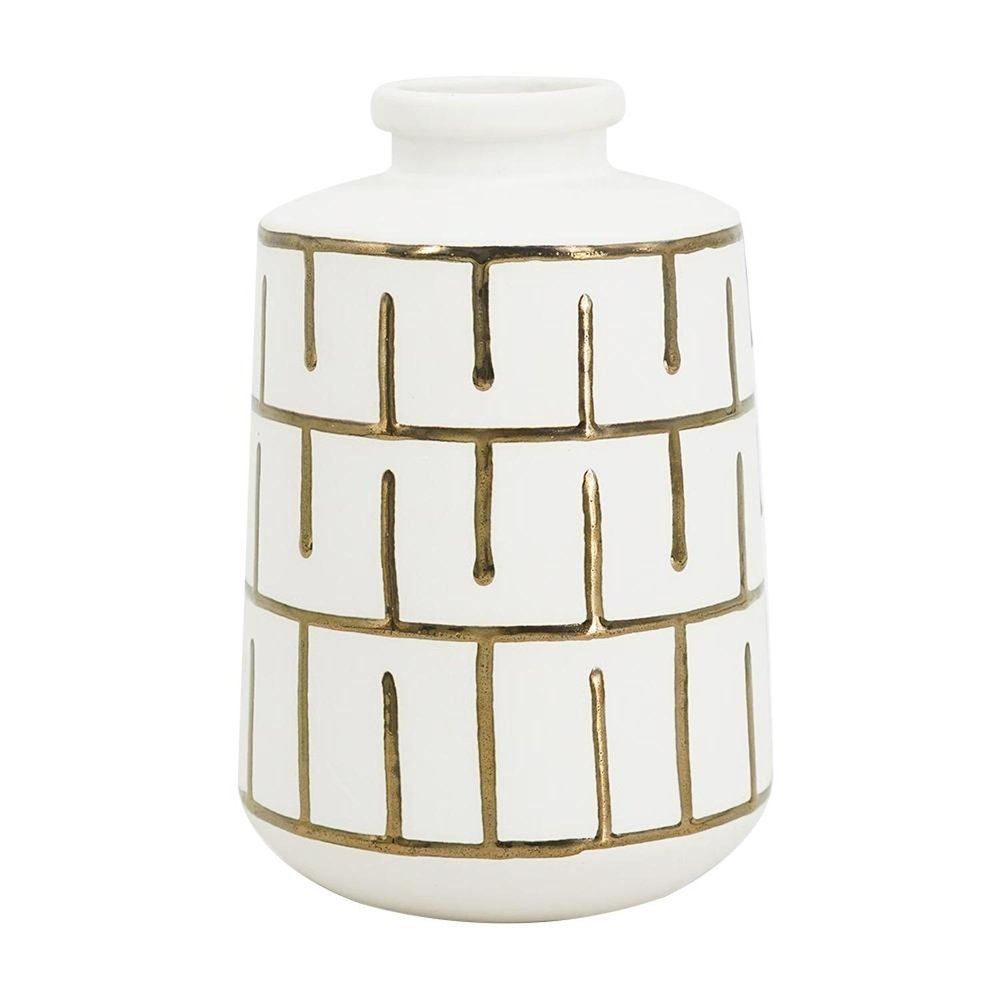 9" Ivory And Gold Geometric Round Ceramic Table Vase on a white background