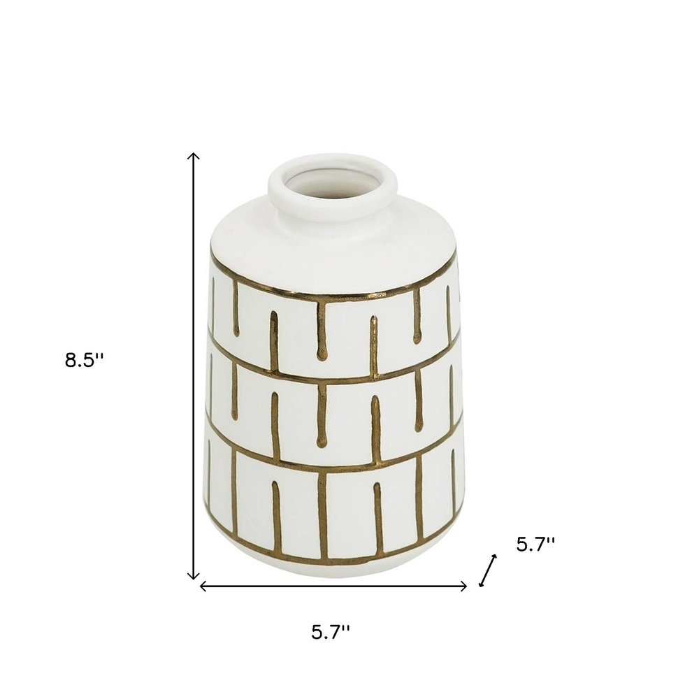 9" Ivory And Gold Geometric Round Ceramic Table Vase on a white background