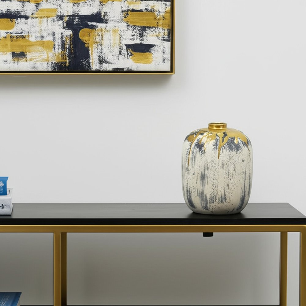 8" Gray Ivory And Gold Modern Abstract Ceramic Table Vase in a home interior