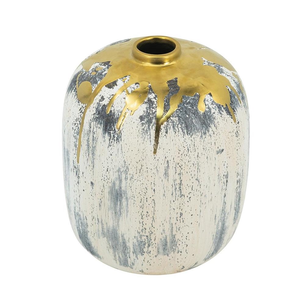 8" Gray Ivory And Gold Modern Abstract Ceramic Table Vase on a white background