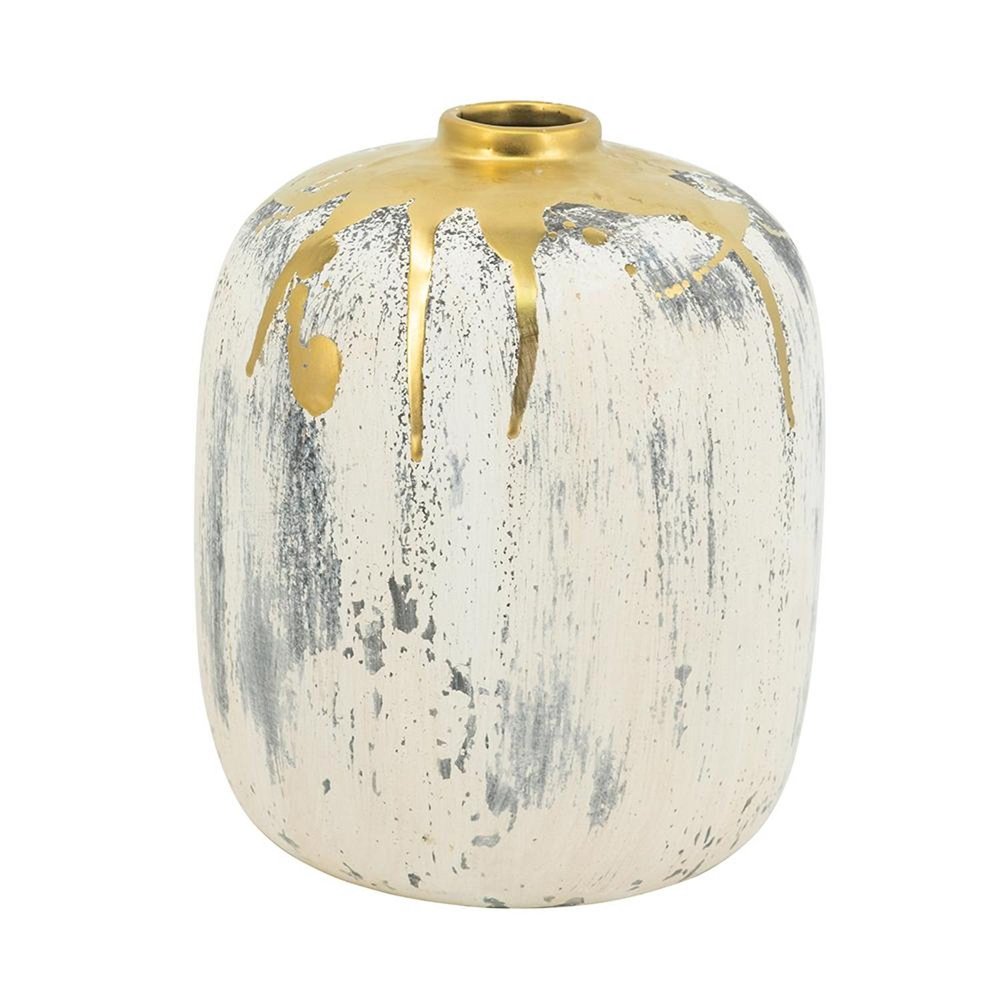 8" Gray Ivory And Gold Modern Abstract Ceramic Table Vase on a white background