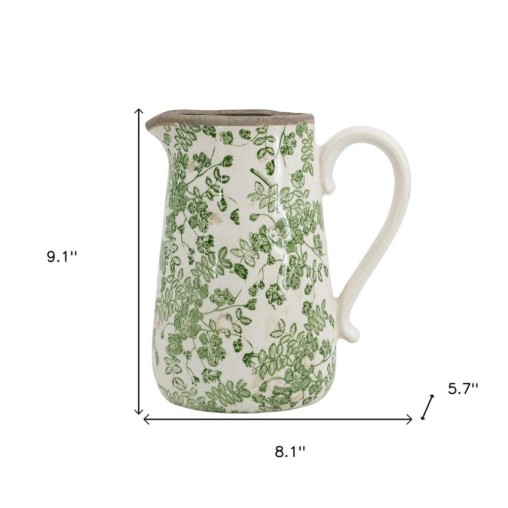 9" Green And White Leaf Ceramic Round Jug Vase on a white background
