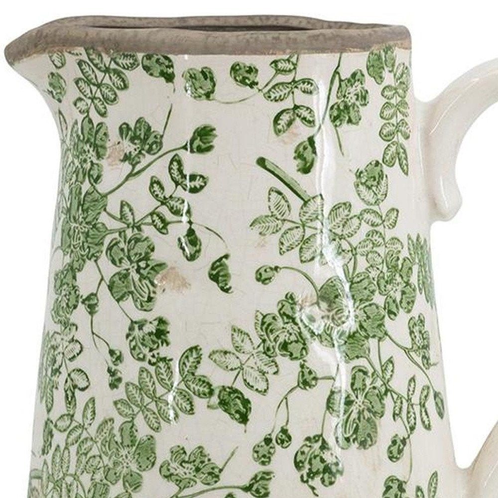 9" Green And White Leaf Ceramic Round Jug Vase on a white background