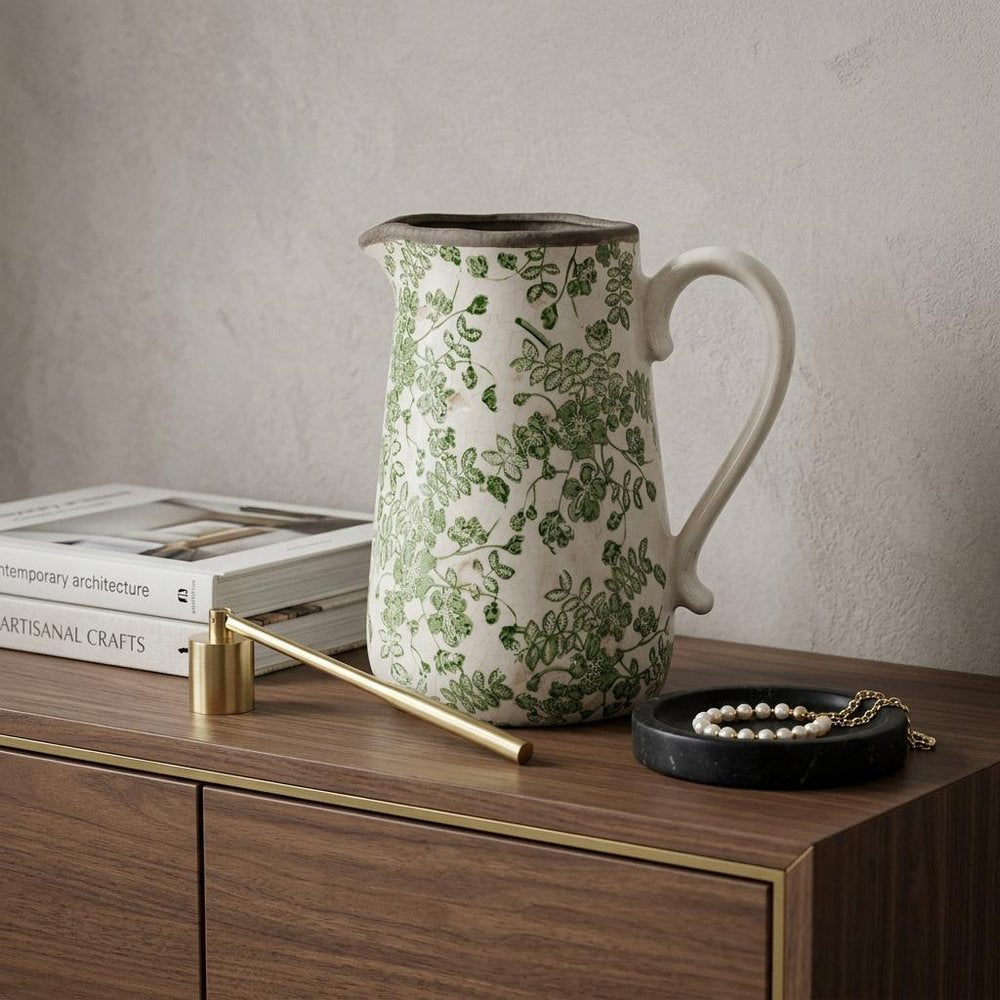 9" Green And White Leaf Ceramic Round Jug Vase in a home interior