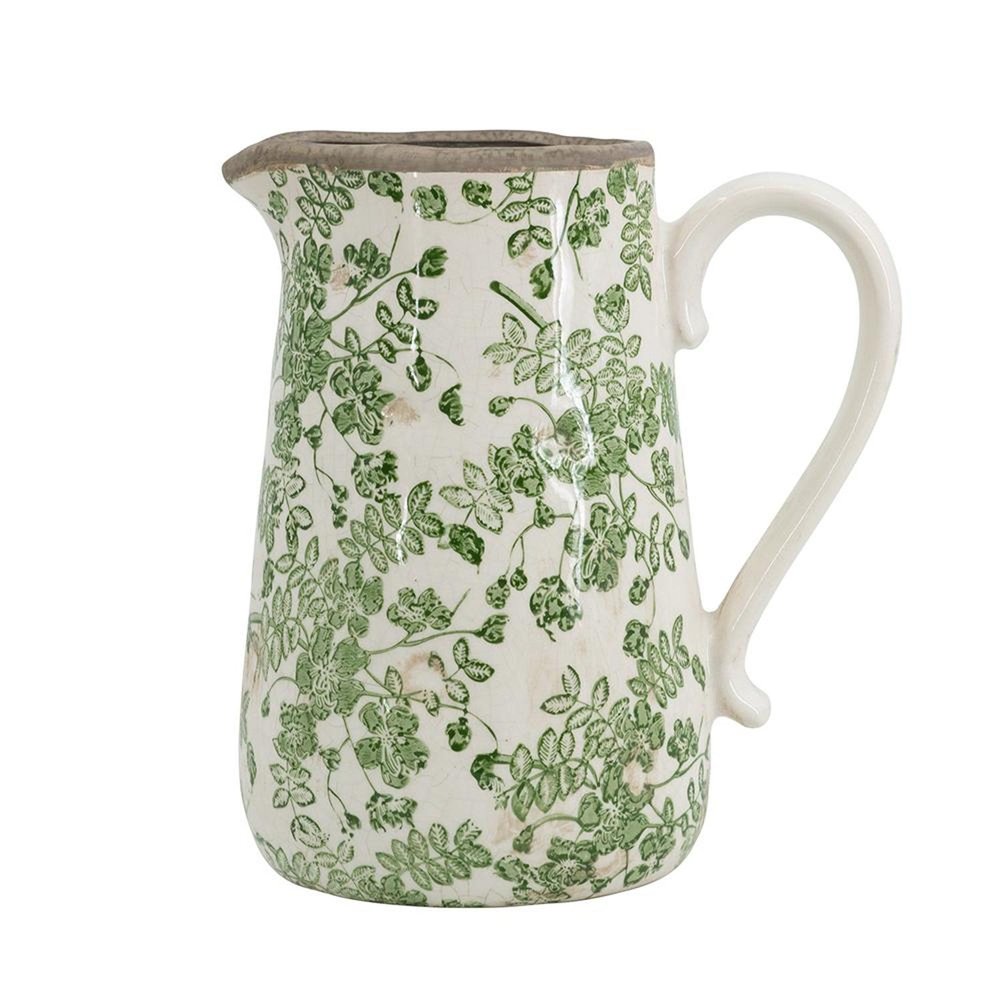 9" Green And White Leaf Ceramic Round Jug Vase