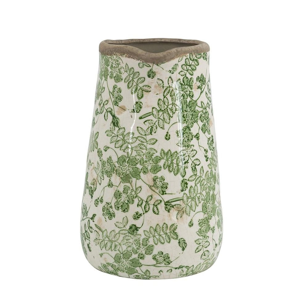 9" Green And White Leaf Ceramic Round Jug Vase on a white background