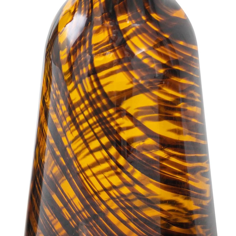 Set of Three Amber Abstract Swirl Glass Decorative Bottles With Stoppers on a white background