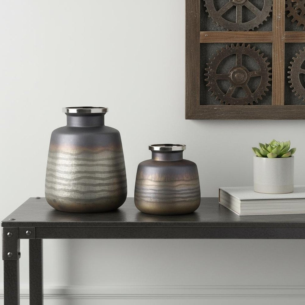 Set of Two Black And Gray Abstract Glass Round Table Vases in a home interior
