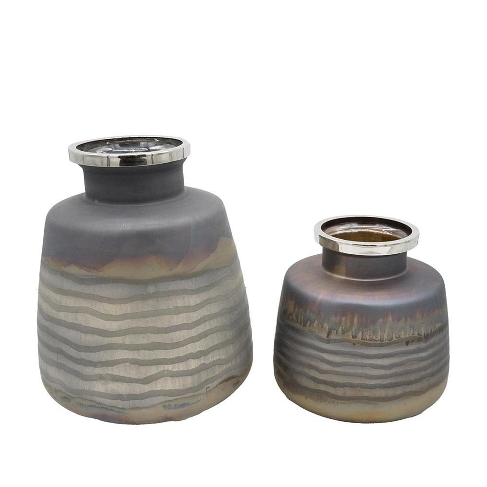 Set of Two Black And Gray Abstract Glass Round Table Vases on a white background