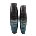 Set of Two Black And Blue Abstract Glass Cylinder Floor Vases on a white background