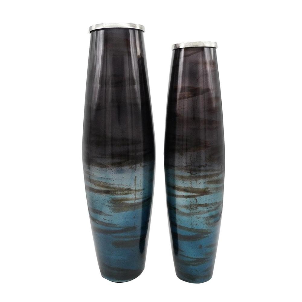 Set of Two Black And Blue Abstract Glass Cylinder Floor Vases on a white background