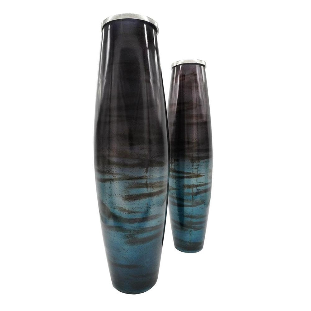 Set of Two Black And Blue Abstract Glass Cylinder Floor Vases on a white background