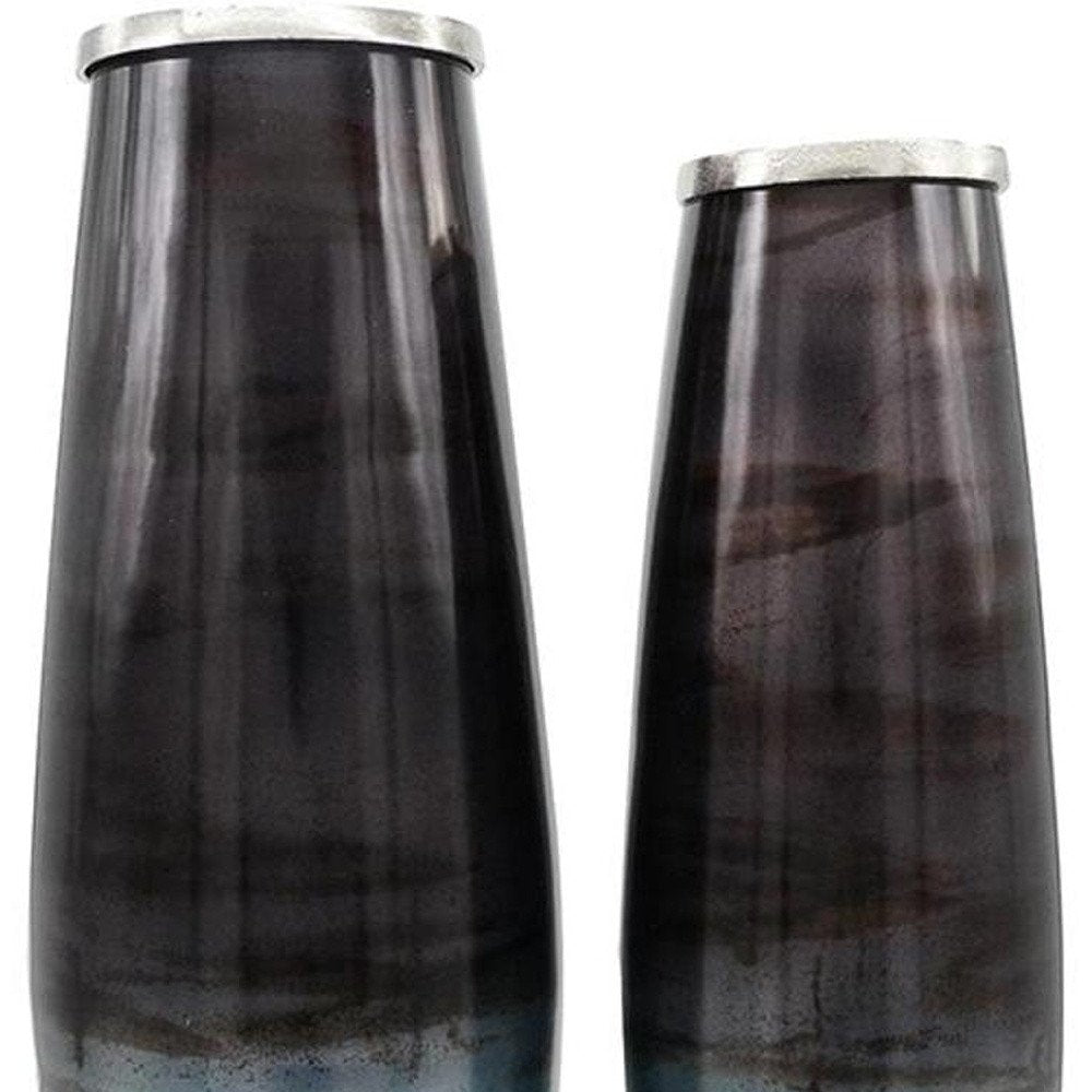 Set of Two Black And Blue Abstract Glass Cylinder Floor Vases on a white background