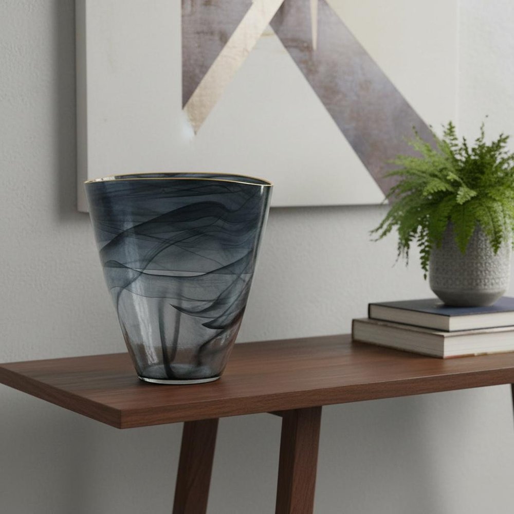 9" Charcoal Abstract Swirl Art Glass Table Vase in a home interior